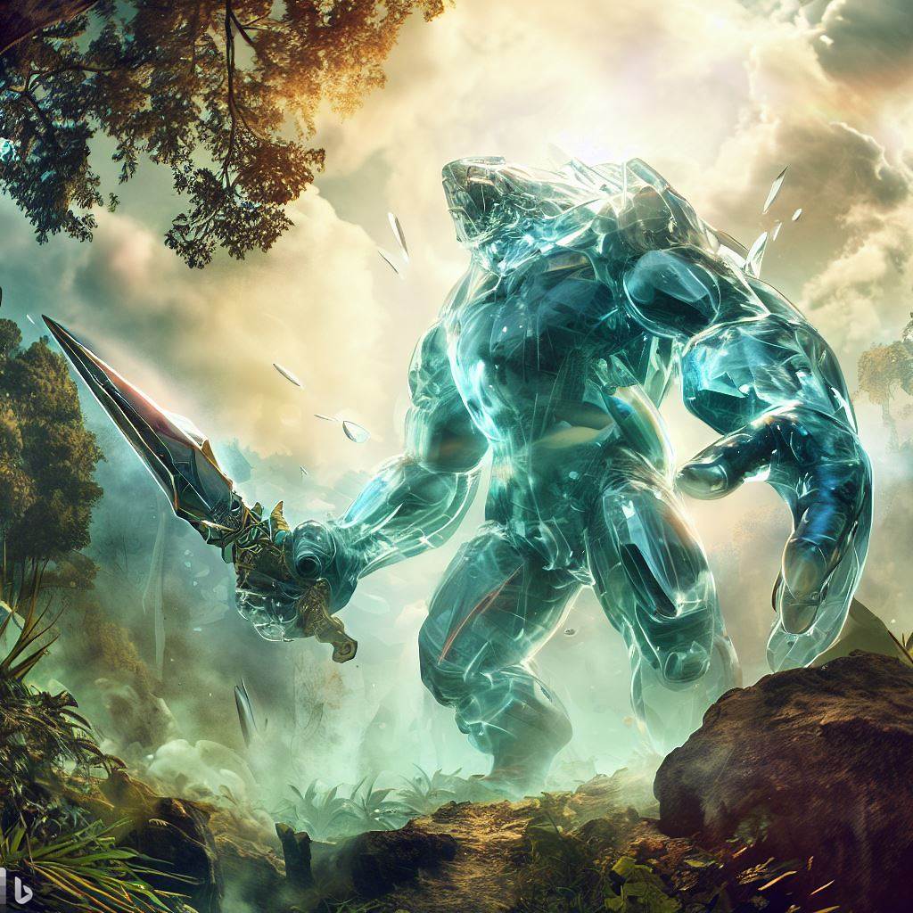 giant future mythical beast with glass body holding weapon in jungle, wildlife and rocks in foreground, smoke, detailed clouds, lens flare, fish-eye lens 3.jpg